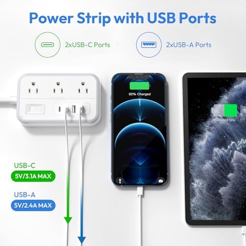 Surge Protector Power Strip with 6 Outlets 4 USB Port, 5 Ft Flat Plug Extension Cord Outlet Extender, White Extension Cord with Multiple Outlets for Indoor, Home, Office Supplies, Dorm Room Essentials - Image 4