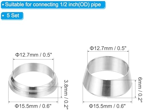 PATIKIL 1/2" Tube OD 304 Stainless Steel Compression Tube Fitting Sleeve, 5 Pack Double Ferrule Ring Tubing Fitting Assortment Kit, Silver - Image 2
