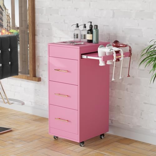 Salon Trolley Cart with Wheels, 3-Drawer Rolling Hair Styling Station, Mobile Beauty Trolley with Hot Tools Holder, Storage for Salon, Barbershop, Spa & Tattoo, Pink - Image 6
