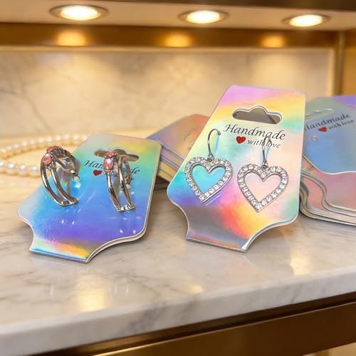 210 PCS Bracelet Holographic Display Cards Sturdy Necklace Holder Cards Self Adhesive Jewelry Packaging Selling Card for Small Business of Keychain Earring Hair Band and Scrunchies Hanging - Image 4