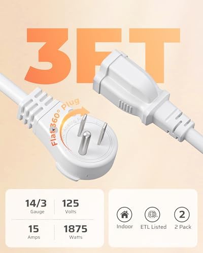 DEWENWILS 3FT 360° Rotating Flat Plug Extension Cord,14/3 Gauge, 2 Pack - Image 6