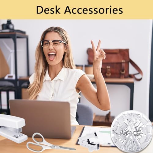 Office Supplies,White Desk Accessories,Office Supplies Set,Stapler and Tape Dispenser Set,Scissors,Staple Remover,Binder Clips,Staples,Ballpoint Pen,Index Tabs with Ruler,Clear Tape.9pcs for Office - Image 4