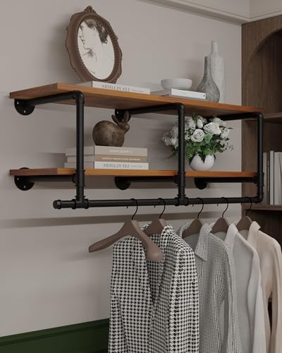 Wall Mounted Clothes Rack 12 Inch Deep, 42in Heavy Duty Garment Rack with Real Black Wood Shelf, Multi-Purpose Hanging Rod & Space-Saving Closet Storage Organizer by INDUSTRIALSHELVESDESIGN