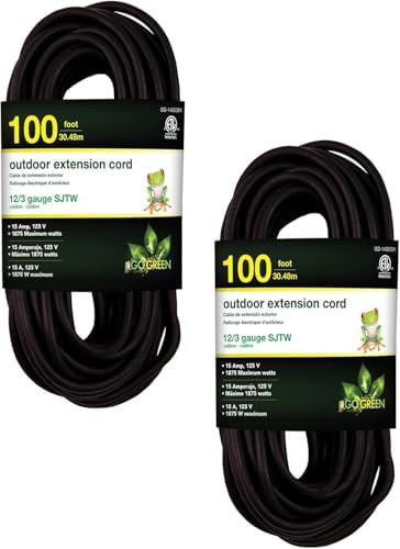 GoGreen Power Inc. (G-14000BK-2) 12/3 100' Heavy Duty Extension Cord - Black, 100ft, 2 Pack by PowerByGoGreen