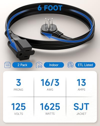 6Ft Flat Plug Short Extension Cord, 90-Degree Plug Low Profile Power Adapter, 3-Prong Indoor Grounded Small Extension Cord Black 16AWG 13A 1625W 2 Pack - Image 3