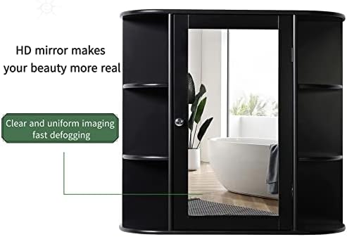 Iwell Bathroom Medicine Cabinet with Mirror, Wall Cabinet with 2 Adjustable Shelves & 6 Open Shelves, Bathroom Cabinet Wall Mounted, Over The Toilet Space Saver Storage Cabinet, Black - Image 5