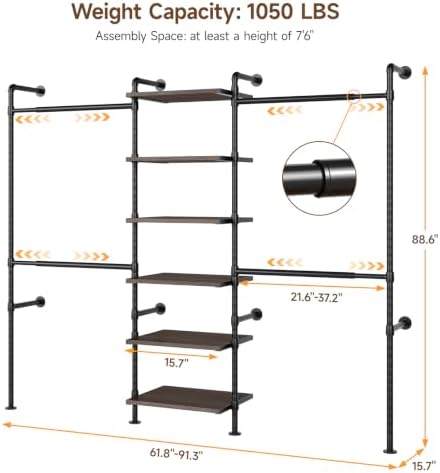 ONBRILL T1 Wall Mounted Closet System with 6 Wood Shelves & 4 Hanging Rods - Image 2