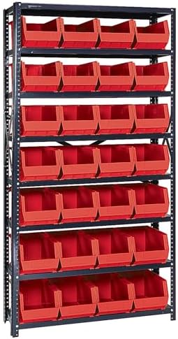 Quantum Storage Systems QSBU-240RD Giant Open Hopper Steel Shelving System, 12" D x 36" W x 75" H, with 8 Shelves and 28 QU240 Bins, Red by QuantumStorageSystems
