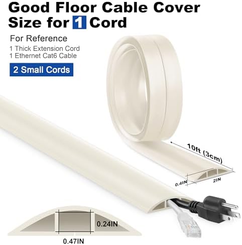10FT Floor Cord Cover, Beige Cord Hider, Durable Cord Covers, Cable Floor Cover, Floor Cord Protector, Hide Cords, 10 Inches Length, 0.47" W x 0.24" H - Image 2