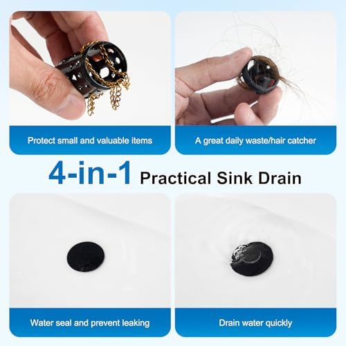 2PCS Universal 4in1 Bathroom Drain Stopper Metal Hair Catcher, Matte Black - Image 6