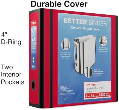 Staples Better Binder, 4 Inch D-Ring, Red, Reinforced Spine - Image 2