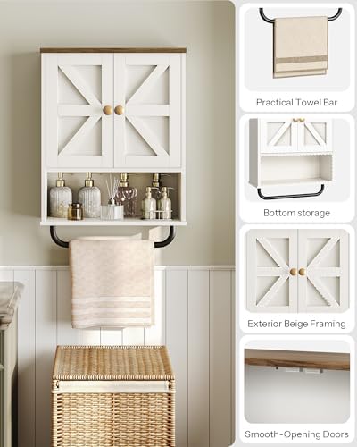 CHOEZON Bathroom Wall Cabinet, Medicine Cabinet with Open Partition and Towel Bar, Rustic Storage Cabinet with Open and Hidden Storage Space, for Bathroom, Living Room, Kitchen, White and Walnut - Image 5