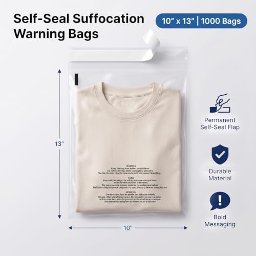 10" X 13" (1000 Count) Self Seal Clear Poly Bags with Suffocation Warning - Image 2