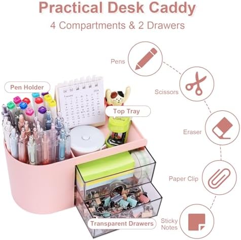 Meiikun Desk Organizer with Drawer, Pen Organizer for Desk, Small Pencil Holder, Desk Organizers and Accessories for Office Home Storage (2 Drawers+4 Compartments, Pink) - Image 3