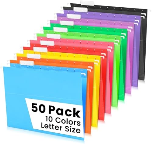 50-Pack Assorted Hanging File Folders, Letter Size with 55 Transparent Label Cards, 60 Sticker Labels,1/5-Cut Tabs–Home Office & Filing Cabinets by Jowaia