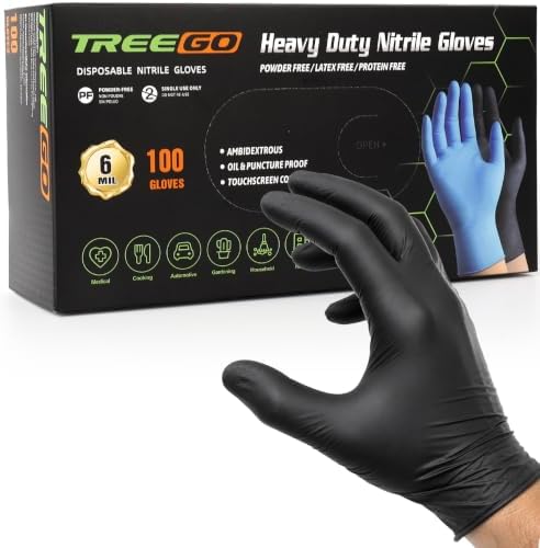 TREEGO Black Nitrile Disposable Gloves, X-Large, 6 Mil, 100 Count by Treego