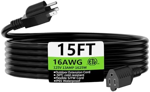 HUANCHAIN Black Extension Cord 15 FT, 16 Gauge, Outdoor Electric Cable by huanchain