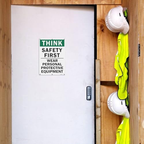 T&R Large Think Safety First Sign Wear Personal Protective Equipment - 14 x 10 Inches Rust Free .040 Aluminum Reflective - UV Protected, Waterproof and Fade Resistant - 6 Pre-drilled Holes - Image 6