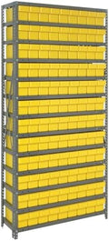 Quantum 1275-501YL Heavy Duty Shelving Unit with (13) Shelve and (108) QED501 Yellow Bins for Garage Warehouse Storage Distribution | 400 lb Load Capacity | 12"D x 36"L x 75"H, Galvanized Carbon Steel by QuantumStorageSystems