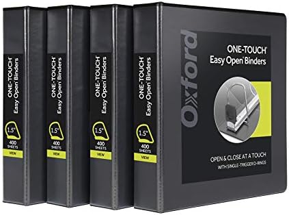 Oxford 3 Ring Binders, Binders for School and Office, Durable 1.5 Inch ONE-Touch Easy Open D Rings, View Binder Covers on 3 Sides, Durable Hinge, Non-Stick, PVC-Free, Black, 4 Pack (79905) by Oxford