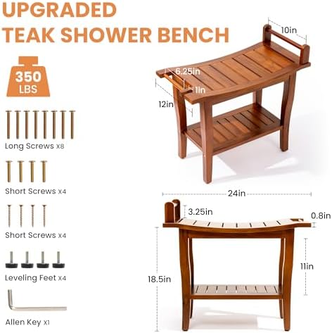 Axeman Premium Teak Shower Bench with Shelf – 24" 2-Tier Waterproof Shower Stool for Bathroom, Elderly & Shaving | Heavy-Duty 350lbs Capacity, Indoor & Outdoor Use - Image 5