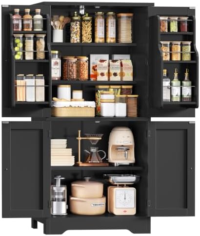 Pantry Cabinet with 4 Doors, Kitchen Storage Cabinet with Door Shelves, by TEENFON