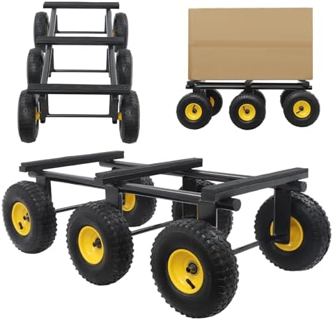 Heavy Duty Dolly 1200 lbs Capacity, 6-Wheel Foldable Utility Cart with 10" Inflatable Tires, Carbon Steel Platform Dolly for Moving Furniture, Equipment, Warehouse Use (Black) by LYNICESOP
