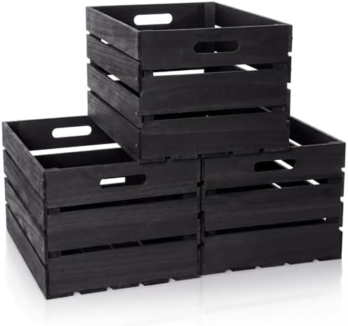 Weysat 3 Pack Large Wood Crates Box for Storage 16 Inch Unassembled Wooden Milk Crates with Handles Decorative Nesting Box for Display Unfinished Rustic Decor DIY Office Home Retail Art(Black) by Weysat