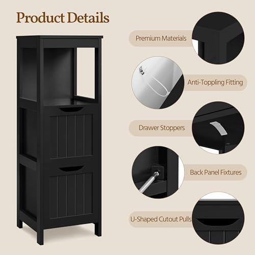 Yaheetech Small Bathroom Storage Cabinet with 2 Drawers & Open Shelf, Black - Image 7