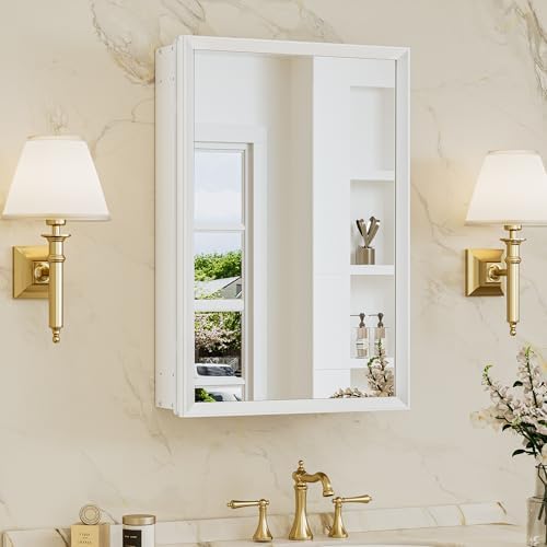 TokeShimi 16 x 24 White Medicine Cabinet for Bathroom, Assembly Required, Recessed Medicine Cabinet with Mirror, Stepless Adjustable Shelves, HD Tempered Mirror, DTC Hinge by TokeShimi