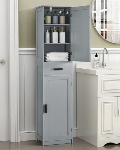 usikey 67“ Tall Bathroom Cabinet, Storage Cabinet with 4 Shelves & 2 Doors, Narrow Storage Cabinet for Bathroom, Living Room, Home Office, Greige - Image 2