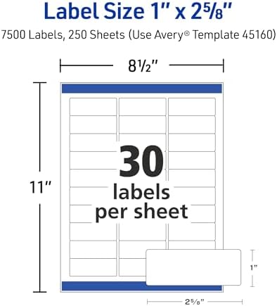 Avery Easy Peel Printable Address Labels with Sure Feed, 1" x 2-5/8" Customizable Stickers, White, 7,500 Blank Mailing Labels, Great for Mailing, Shipping, and More (45160) (Pack of 2) - Image 5