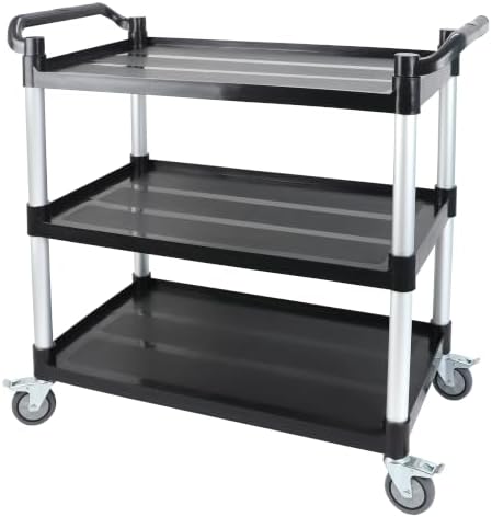 3-Tier Rolling Utility Cart with 4 Lockable Wheels, Heavy Duty Plastic Service Cart with 540lbs Capacity, Commercial Service Cart on Wheels for Restaurant/Office/Warehouse/Kitchen/School, Black by 17Tek
