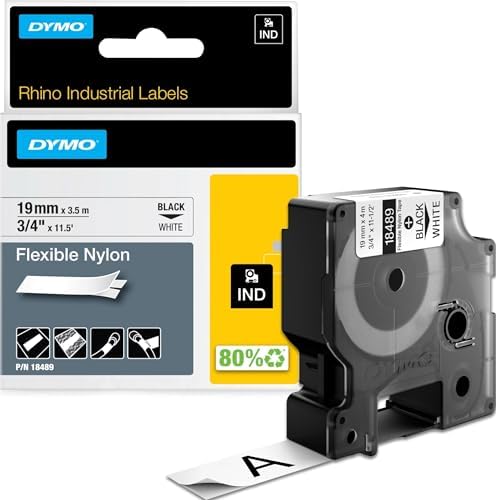DYMO Rhino Industrial Flexible Nylon Labels, 3/4" x 11.5', Black Print on White Tape by Dymo%C2%AE
