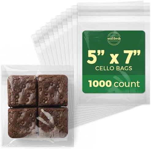 Seal Fresh Self Sealing Cellophane Bags - 5" x 7" (1000 Count) - Clear Plastic Resealable Cello Bag - Cellophane Treat Bags, Cookie Bags for Packaging, Candy bags, Cello Bags, Pastry Bags by SealFresh