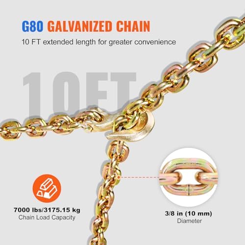 VEVOR Chain and Binder Kit, 3/8"-1/2" Ratchet Load Binders 9200 lbs Working Load Limit, 3/8" x 10' G80 Chains with Grab Hooks, Ratchet Binders and Chains for Truck, Tie Down, Hauling, Towing, 2 Set - Image 5