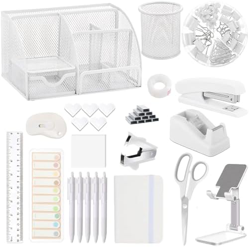 Office Supplies,Desk Accessories,Stapler and Tape Dispenser Set,1000 Staples,Staple Remover,Pen Holder,Folding Phone Holder,Journal Notebook,Ballpoint Pen,Scissor,Ruler,Clear Tape,Sticky Notes,Ect by musejoy