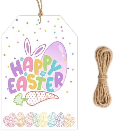 Happy Easter Gift Tags 50PCS, Easter Tags with String for Gift Wrapping, Easter Party Favor Tags, Hanging Tags for Treat Bags, Easter Gift Packaging Decorations by Unknown