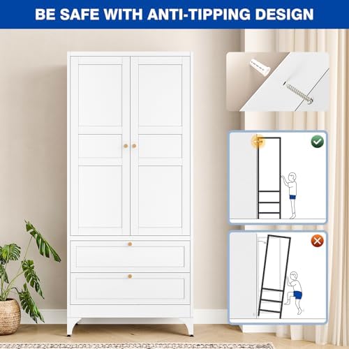 BYNSOE 71" Tall Metal Wardrobe Closet with 2 Drawers, Steel Armoire Cabinet with Hanging Rod and Adjustable Shelves, Freestanding Clothes Storage Organizer for Bedroom Office Furniture - Image 5