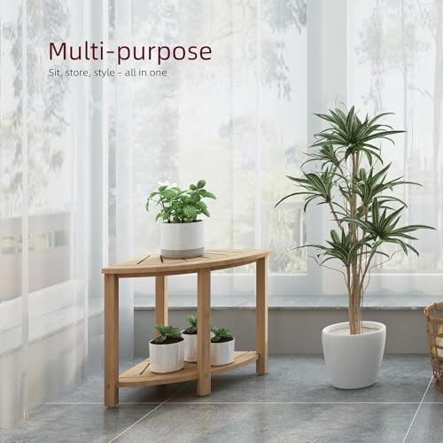 Bamboo Shower Bench with Storage Shelf Waterproof Corner Shower Stool for Shaving Legs Compact Size (15 * 13in) - Image 4