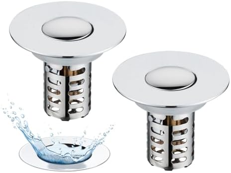 Bathroom Sink Drain Strainer, 2PCS Pop Up 3 in 1 Bathroom Sink Stopper with Removable Stainless Steel Filter Basket Drain Hair Catcher, Sink Plug for 1.1''~2.36'' Basin, Brass Bullet Core, Chrome by TSJLIKI