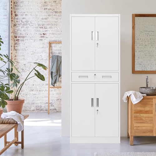 CJF 71" H Tall Metal Storage Cabinet with Drawer, Locking Garage Cabinet with 2 Adjustable Shelves, Heavy-Duty Tool File Storage Cabinets for Home Office, Kitchen, Warehouse, Shop (White) - Image 2