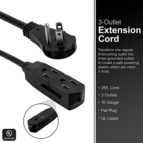 GE 3-Outlet Flat Extension Cord 25 Ft Grounded Extension Cord with Multiple Outlets 3 Prong Outlet Extender Flat Plug Power Strip Indoor Extension Cord 16 Gauge UL Listed Black 69921 - Image 2