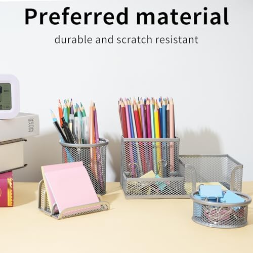 6 Pack Mesh Metal Desk Organizer Stationery Storage Set Silver - Image 2