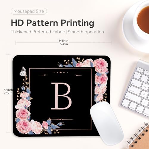 Letter B Black and Pink Flowers Square Mouse Pad, Mouse Pad with Stitched Edge and Non-Slip Rubber Base,Mouse Mat,Home Office Decor Desk Accessories,9.4x7.8x0.12 inch Square Mouse Pad - Image 4