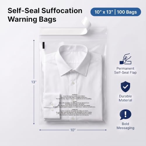10” X 13” (100 Count) Self Seal Clear Poly Bags with Suffocation Warning - Image 2