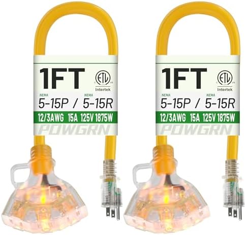 POWGRN 1 FT 2 Pack 12/3 Gauge Yellow Heavy Duty Outdoor Extension Cord by POWGRN