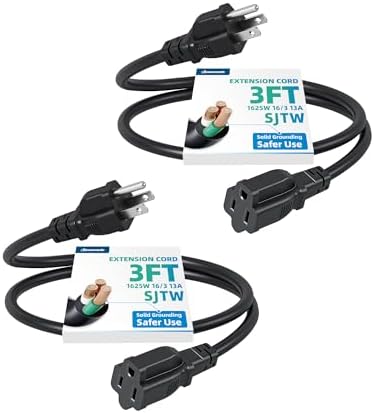 DEWENWILS 3Ft Outdoor Extension Cord, Short Extension Cord 16 AWG SJTW for Indoor Use, 3 Prong Grounded Outlets Plugs, Small Power Cable for Decor and Lights, Black, ETL Listed, 2 Pack by DEWENWILS