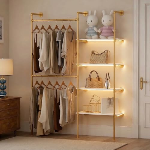 Industrial Pipe Clothing Rack with LED Lights& Shelves by DABILONGC
