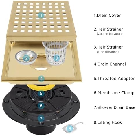 6" Square Shower Drain with Flange, Brushed Gold, Grate Removable - Image 6